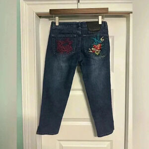 Womens 3/4 ED HARDY by Christian Audigier Capri Jeans Embroidered Dark Wash Love